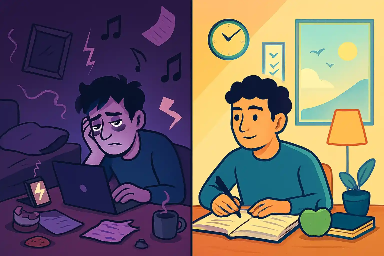 room one half messy and noisy the other half clean